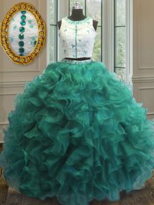 Scoop Clasp Handle Floor Length Turquoise Ball Gown Prom Dress Organza Sleeveless Appliques and Ruffles