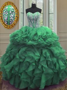Green Lace Up Quinceanera Dresses Beading and Ruffles Sleeveless Floor Length