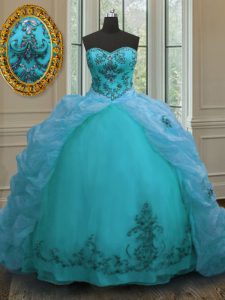 Aqua Blue Lace Up Ball Gown Prom Dress Beading and Appliques and Pick Ups Sleeveless With Train Court Train