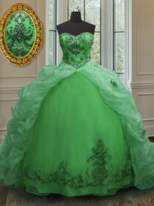 Green Lace Up Sweetheart Beading and Appliques and Pick Ups Ball Gown Prom Dress Organza Sleeveless Court Train
