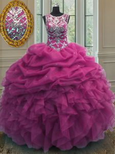 Scoop Pick Ups Floor Length Ball Gowns Sleeveless Fuchsia Ball Gown Prom Dress Lace Up