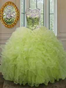 Scoop Yellow Green Organza Lace Up Quinceanera Gown Sleeveless Floor Length Beading and Ruffles