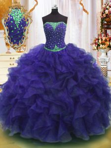 Purple Lace Up Strapless Beading and Ruffles 15th Birthday Dress Organza Sleeveless