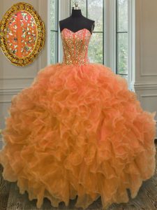 Organza Sweetheart Sleeveless Lace Up Beading and Ruffles 15th Birthday Dress in Orange