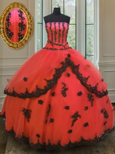 Red Sleeveless Tulle Lace Up Vestidos de Quinceanera for Military Ball and Sweet 16 and Quinceanera