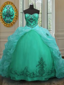 Traditional Organza Sweetheart Sleeveless Court Train Lace Up Beading and Appliques and Pick Ups Quinceanera Dress in Turquoise