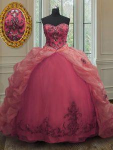 Sweetheart Sleeveless Organza 15th Birthday Dress Beading and Appliques and Pick Ups Court Train Lace Up