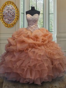 Sweet Sweetheart Sleeveless Ball Gown Prom Dress Floor Length Beading and Ruffles and Pick Ups Orange Organza