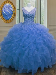 Popular Sleeveless Organza Floor Length Zipper Sweet 16 Dresses in Blue with Beading and Ruffles