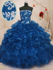 Fashion Beading and Appliques and Ruffles Sweet 16 Quinceanera Dress Navy Blue Lace Up Sleeveless Floor Length