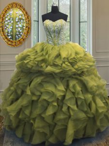 Great Olive Green Sweet 16 Dress Military Ball and Sweet 16 and Quinceanera with Beading and Ruffles Sweetheart Sleeveless Lace Up