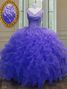 Dramatic Purple Sleeveless Beading and Ruffles Floor Length Quince Ball Gowns