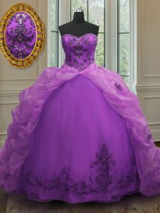 Cheap Sleeveless Organza With Train Court Train Lace Up Ball Gown Prom Dress in Purple with Beading and Appliques and Pick Ups