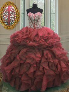 Luxury Pink Sleeveless Beading and Ruffles Floor Length Quinceanera Dress