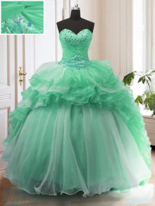Perfect Apple Green Sleeveless Organza Sweep Train Lace Up Quinceanera Dress for Military Ball and Sweet 16 and Quinceanera