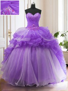 Beauteous With Train Lavender Quinceanera Dresses Organza Sweep Train Sleeveless Beading and Ruffled Layers