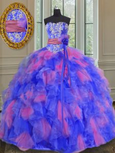 Multi-color Organza Lace Up Ball Gown Prom Dress Sleeveless Floor Length Beading and Appliques and Ruffles and Sashes ribbons and Hand Made Flower