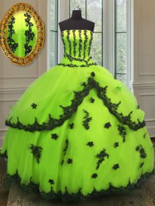 Yellow Green Lace Up Strapless Appliques Sweet 16 Dresses Tulle Sleeveless