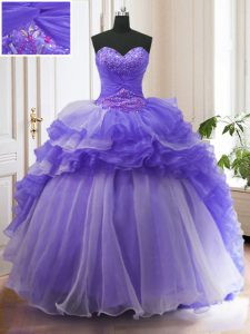 Best Selling Purple Ball Gowns Beading and Ruffled Layers Sweet 16 Dresses Lace Up Organza Sleeveless With Train