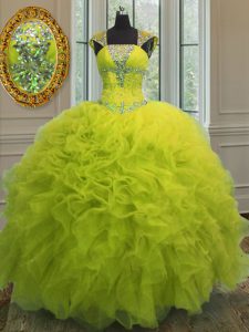 Traditional Straps Cap Sleeves 15th Birthday Dress Floor Length Beading and Ruffles and Sequins Yellow Green Organza