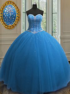 Blue Quinceanera Dress Military Ball and Sweet 16 and Quinceanera with Beading and Sequins Sweetheart Sleeveless Lace Up