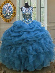 Exceptional Scoop Blue Sleeveless Beading and Ruffles and Pick Ups Floor Length 15 Quinceanera Dress