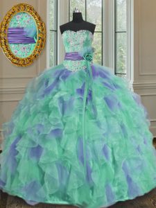 Smart Multi-color Sleeveless Organza Lace Up Quince Ball Gowns for Military Ball and Sweet 16 and Quinceanera