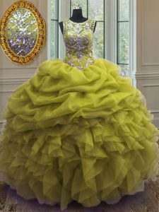 Captivating Scoop Sleeveless Floor Length Beading and Ruffles and Pick Ups Lace Up Quinceanera Dress with Yellow Green
