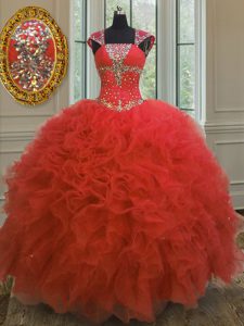 Organza Straps Cap Sleeves Lace Up Beading and Ruffles and Sequins Sweet 16 Dresses in Coral Red
