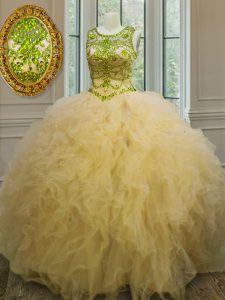 Scoop Sleeveless Tulle Floor Length Lace Up 15 Quinceanera Dress in Light Yellow with Beading and Ruffles