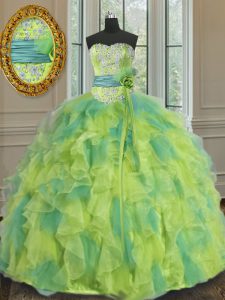 Superior Sleeveless Floor Length Beading and Appliques and Ruffles and Sashes ribbons and Hand Made Flower Lace Up Ball Gown Prom Dress with Multi-color