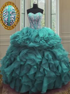 Fabulous Sleeveless Organza Floor Length Lace Up 15 Quinceanera Dress in Turquoise with Beading and Ruffles