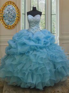 Pick Ups Floor Length Baby Blue Ball Gown Prom Dress Sweetheart Sleeveless Lace Up