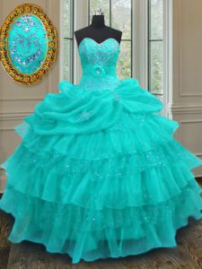 Organza Sleeveless Floor Length Quinceanera Gown and Beading and Ruffled Layers and Pick Ups