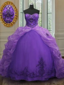 Sweetheart Sleeveless Ball Gown Prom Dress With Train Court Train Beading and Appliques and Pick Ups Purple Organza