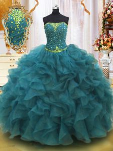 Pretty Sleeveless Organza Floor Length Lace Up Vestidos de Quinceanera in Teal with Beading and Ruffles