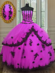Clearance Fuchsia Ball Gowns Strapless Sleeveless Tulle Floor Length Lace Up Appliques Quinceanera Dresses