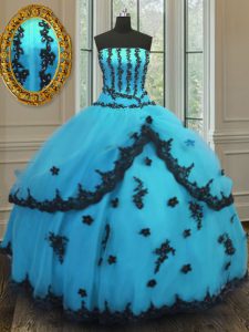 Custom Design Floor Length Aqua Blue Quinceanera Gowns Strapless Sleeveless Lace Up