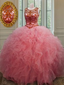 Romantic Scoop Pink Lace Up Sweet 16 Quinceanera Dress Beading and Ruffles Sleeveless Floor Length