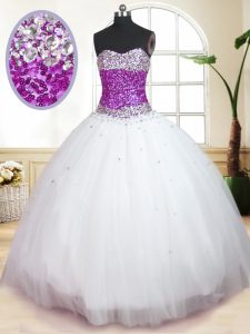 Sleeveless Tulle Floor Length Lace Up Sweet 16 Dresses in White with Beading