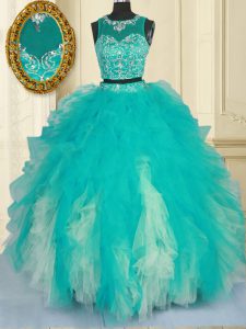 Scoop Turquoise Sleeveless Tulle Zipper Quinceanera Dresses for Military Ball and Sweet 16 and Quinceanera