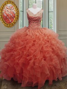 Orange Red Ball Gowns V-neck Sleeveless Organza Floor Length Zipper Beading and Ruffles Quinceanera Dresses