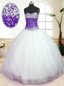 Dynamic White And Purple Ball Gowns Sweetheart Sleeveless Tulle Floor Length Lace Up Beading Ball Gown Prom Dress