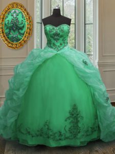 Sleeveless With Train Beading and Appliques and Pick Ups Lace Up Sweet 16 Dress with Green Court Train