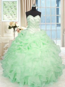 Floor Length Apple Green 15 Quinceanera Dress Organza Sleeveless Beading and Ruffles