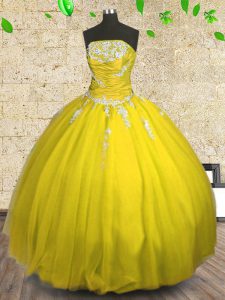 Strapless Sleeveless Tulle Quinceanera Dress Appliques and Ruching Lace Up