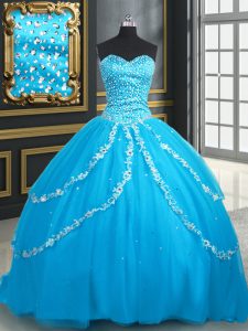 Baby Blue Ball Gowns Tulle Sweetheart Sleeveless Beading and Appliques With Train Lace Up Sweet 16 Quinceanera Dress Brush Train