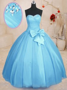 Modern Baby Blue 15th Birthday Dress Military Ball and Sweet 16 and Quinceanera with Beading and Bowknot Sweetheart Sleeveless Lace Up