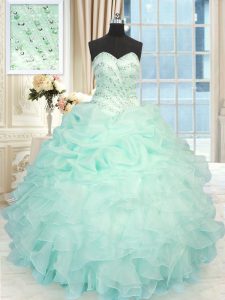 Trendy Apple Green Ball Gowns Sweetheart Sleeveless Organza Floor Length Lace Up Beading and Ruffles Quinceanera Gown