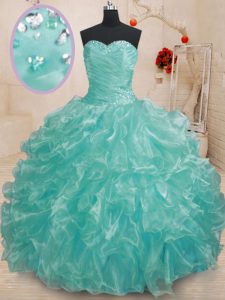 Glittering Sweetheart Sleeveless 15th Birthday Dress Floor Length Beading and Ruffles Teal Organza